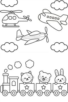 a black and white drawing of animals riding on a train with an airplane in the sky