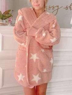 Starburst Pink Fuzzy Jacket | Sassy Shortcake | sassyshortcake.com Cozy Long Sleeve Outerwear For Sleepovers, Cute Pink Loungewear Outerwear, Pink Outerwear With Pockets For Loungewear, Pink Fuzzy Jacket, Sparkle Romper, Sassy Shortcake, Patriotic Dresses, Pink Iridescent, Sequin Bow