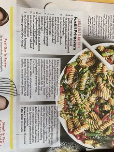 a recipe book with pasta and vegetables on it