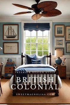 a bed room with a neatly made bed and a ceiling fan in the corner that reads, interior design style british colonial