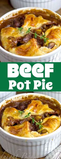 beef pot pie in a white casserole dish on a wooden table with text overlay