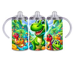 three children's sippy cups with dinosaurs on them