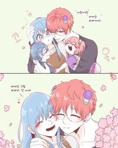 two anime characters hugging each other with pink flowers in the background and blue hair on their heads