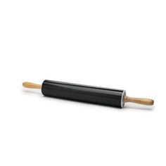 a black roller with wooden handle on a white background