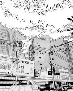 a black and white drawing of birds flying over a cityscape with tall buildings