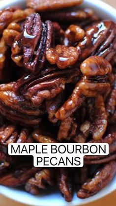 maple bourbon pecans in a white bowl