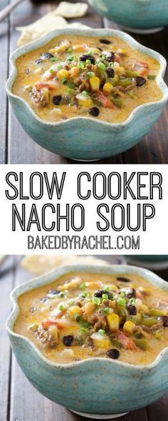 two bowls filled with slow cooker nacho soup