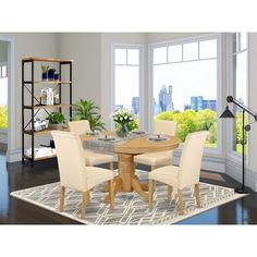 a dining room table and chairs in front of a large window with cityscape