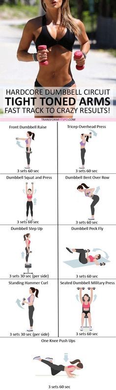 a woman is doing exercises on her stomach and chest with the words, hard core dumbbell circuit high one - handed arms