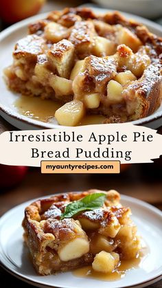 an apple pie is on a white plate with the words irresistiblely apple pie bread pudding