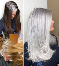 Instead Of Covering Grey Roots, This Hairdresser Makes Clients Embrace It With His Powerful Transformations (35 Pics) Grey Hair Transformation, Scene Girl, Grey Roots, Gray Hair Growing Out, Silver Hair Color, Transition To Gray Hair, Blending Gray Hair