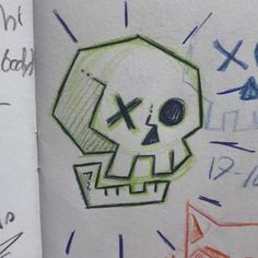 a drawing of a skull with crossbones on it's face and other drawings