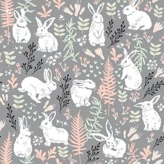 seamless pattern with rabbits and plants on a gray background for wallpaper or fabric