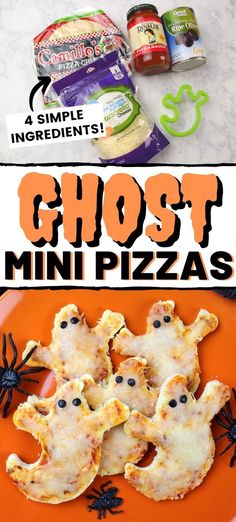 an orange plate topped with mini pizzas covered in cheese and spooky eyes