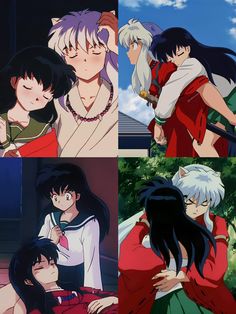 four different images of anime characters with their backs to each other, one is hugging the other