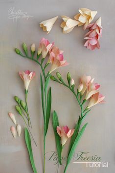 flowers are arranged on the wall with green stems