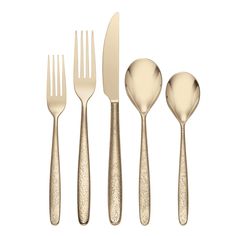 four forks, two spoons and one knife are shown with gold foil on them