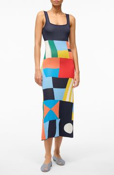 A lively mix of happy hues animates a summery sweater-dress designed in a fitted silhouette. 47 1/2" length (size Medium) Square neck Sleeveless Unlined 80% viscose, 20% nylon Dry clean or hand wash, dry flat Imported Sheath Midi Dress, Patterned Skirt, Sleeveless Sweater Dress, Midi Sheath Dress, Modern Dress, Casual Clothes, Colorblock Dress, Sleeveless Sweater, Midi Dress Bodycon