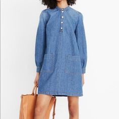 *New Madewell Denim Patch-Pocket Popover Shirtdress Made Of An Indigo-Dyed Cotton-Linen Blend, This Feminine Take On A Classic Shirtdress Is Perfect For Popping On And Looking Put-Together. Slightly Puffed Sleeves And Patch Pockets Give It That Retro Twist We Love. Falls 35 1/4" From High Point Of Shoulder (Based On Size M). Cotton/Linen. Bust: 36" Waist: 28" Indigo Long Sleeve Denim Dress With Pockets, Casual Indigo Denim Dress With Buttons, Indigo Long Sleeve Dress With Pockets, Blue Long-sleeved Denim Dress With Pockets, Casual Indigo Denim Dress With Button Closure, Blue Long Sleeve Denim Dress With Pockets, Casual Blue Denim Dress With Pockets, Button-up Cotton Denim Dress With Pockets, Cotton Button-up Denim Dress With Pockets