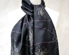 Black scarf Feathers long silk scarf hand painted от MinkuLUL Black Artistic Silk Scarf, Artistic Black Silk Scarves, Artistic Black Silk Scarf, Wings Black And White, White Silk Scarf, Wings Black, Long Silk Scarf, White Wings, Black Scarf