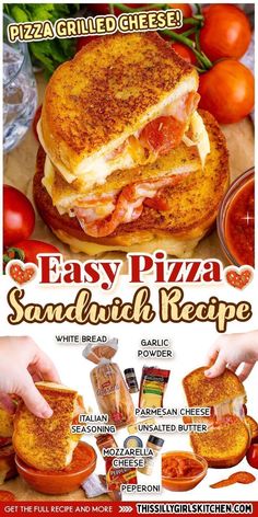 the flyer for easy pizza sandwich recipe is shown in this advertisement, which includes