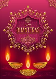 happy dhanteras greeting card with three lit candles on red and gold background for diwaling