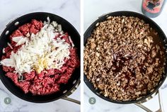 two pictures showing the process of making meat and rice in a skillet, then cooking