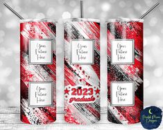 three red and white can coolers with the words, new year's eve