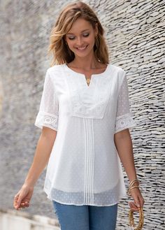 ROTITA Half Sleeve Split Neck Lace Panel Blouse Fitted Split Neck Summer Blouse, White Split Neck Top For Summer, White Non-stretch Short Sleeve Blouse, Stylish Tops For Women, Womens Trendy Tops, Ladies Blouse Designs, Trendy Tops For Women, Half Sleeve Blouse, Trendy Fashion Tops