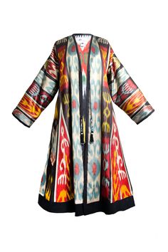 Adolat Burgundy and Black Multicolor Silk Ikat Reversible Robe, Image Silk Cape, Diamond And Silk, Complex Design, Goddess Gown, Luxury Jacket, Ikat Dress, Silk Kaftan, Silk Ikat, Gray Silk