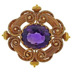 18k yellow gold antique brooch, set with approx. 21.5 x 18.2 x 13.5mm amethyst. Brooch measures 50mm x 47mm. Tested 18k. Weighs 30.2 grams. Luxury Purple Brooches For Formal Occasion, Antique Purple Formal Brooches, Antique Purple Brooches For Formal Occasions, Antique Purple Hallmarked Brooches, Antique Hallmarked Purple Brooches, Formal Yellow Gold Baroque Brooches, Yellow Gold Baroque Brooch For Formal Occasions, Elegant Gold Amethyst Brooches, Vintage Jewelry Art