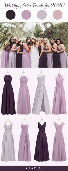 bridesmaid dresses in different colors and styles, with the text wedding color trend for 2020