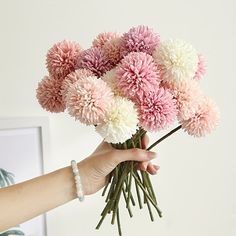 a hand holding a bunch of pink and white flowers