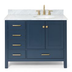 an image of a bathroom vanity with marble top and gold hardware on the bottom drawer