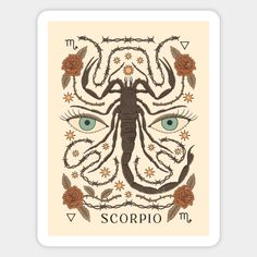 the scorpio tarot card with an eye and scorpion on it's face