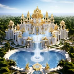 an artistic rendering of a fountain in the middle of a park with golden statues on it