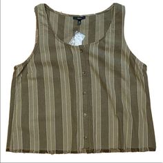 Drew 100% Cotton Raw Hem Crop Striped Button Tank Size: Large Color: Olive Green Material: 100% Cotton Vertical Striped Button Tank Top With Raw Hem. This Item Is New With Tags. See Photos For Measurements. Flaw: Small Pin Hole In Back. See Photos. Brown Buttoned Beach Tops, Brown Beach Tops With Button Closure, Brown Beach Top With Button Closure, Brown Beach Tops With Buttons, Brown Buttoned Tops For Beach, Brown Button Closure Top For Beach, Brown Buttoned Tops For The Beach, Brown Buttoned Top For Vacation, Brown Vacation Top With Button Closure