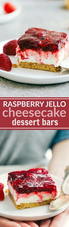 raspberry jello cheesecake dessert bars on a white plate with text overlay