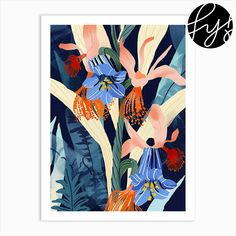 an art print with tropical flowers and leaves