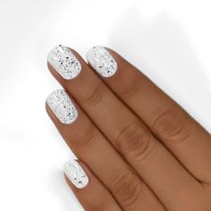 Tinsel is a striking metallic silver flakie topper! Sitting in a clear glossy base, Tinsel is glistening with reflective silver flakes varying in size. Garnish any base color of your choice with Tinsel for versatile twinkle to any manicure! We recommend 1-2 coats of Tinsel White And Silver Nails Acrylic Square, White Nails With Silver Glitter, Bachelorette Nail Ideas, New Years Nails 2022 Trends, Nail Art Square Nails, Bougie Nails, White Sparkle Nails, Asia Nails, Bachelorette Nails