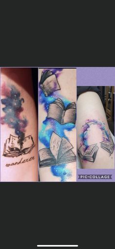 three different tattoos with books on them