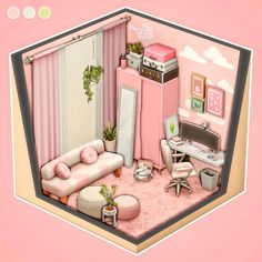 a room with pink walls and furniture in the center is depicted on a pink background