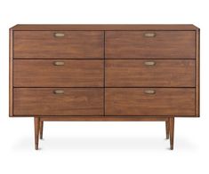 the chest of drawers is made out of wood and has brass pulls on each drawer