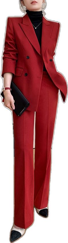 Chic Red Suit For Party, Chic Red Suits For Fall, Elegant Red Business Pants, Chic Red Blazer With Suit Collar, Red Lapel Collar Suit For Work, Red Suit With Lapel Collar For Work, Chic Red Notch Lapel Suits, Red Pantsuit With Suit Collar For Work, Chic Red Tailored Suits