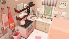 a small bathroom with pink accessories and decor