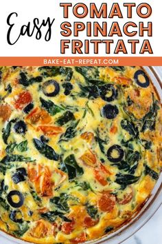 an easy spinach frittata recipe with cheese and olives in a white casserole dish