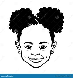 Black African American girl face portrait with two puffs ponytails. Black African American little smiling girl face portrait with two puffs ponytails on her head.Vector baby silhouette drawing illustration,curly wavy hair.Afro hairstyles.Curls.T shirt print.DIY cricut Hairstyles With Ponytails, Baby Face Drawing, Puff Ponytail