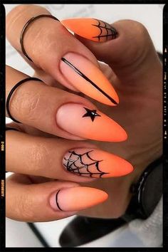 Almond Nails - Ombre Nails - Acrylic Nails Halloween Nail Almond Shape, Halloween Nail Designs Jack O Lantern, Fall Or Halloween Nails, Orange With Black Nails, Oval Acrylic Nails Short Halloween, Halloween Nails Acrylic 2023, Hawollen Nails, Halloween French Tip Nails Almond, Orange Ombre Halloween Nails