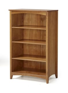 a wooden bookcase with three shelves on one side and an open shelf on the other