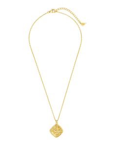 Indulge in the intricate floral embossing and sparkling CZ stones of the Ophelia Pendant Necklace. This elegant necklace is a luxurious addition to any ensemble, adding understated glamour and sophistication. Elevate your style with this exclusive piece that exudes artful beauty. Material: 14K gold or rhodium plated brass, cubic zirconia Features: Measures 16" with 2" extender, 1" pendant, 1mm CZ stones, 1.25mm chain, Lead & Nickel free, lobster clasp Elegant Medallion Jewelry With Adjustable Chain, Elegant Medallion Chain Necklace With Adjustable Chain, Elegant Medallion Chain Necklace, Elegant Gold Coin Necklace, Elegant Jewelry With Delicate Chain And Medallion, Elegant Medallion Jewelry With Delicate Chain, Elegant Gold Filigree Locket Necklace, Elegant Yellow Gold Locket Necklace, Elegant Coin Pendant Necklace As Gift